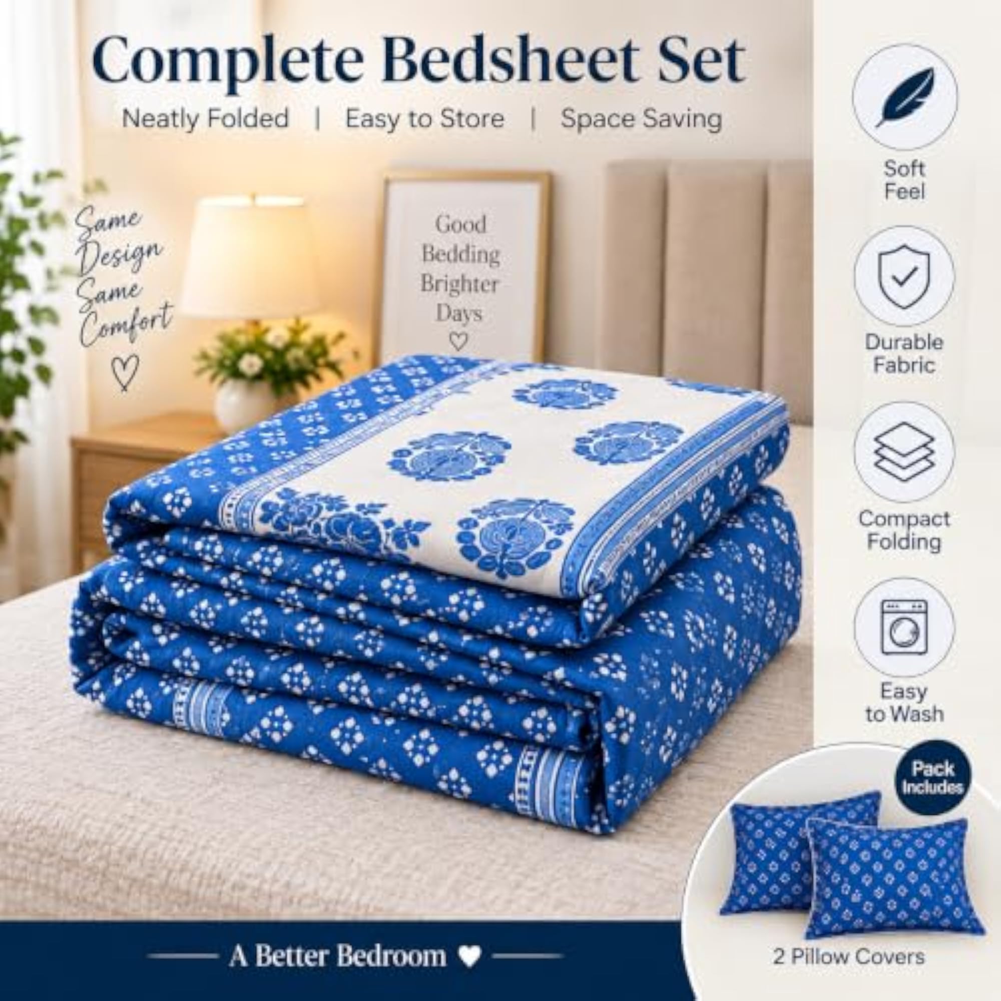 Blue Printed Double Bedsheet with 2 Pillow Covers, Floral Pattern